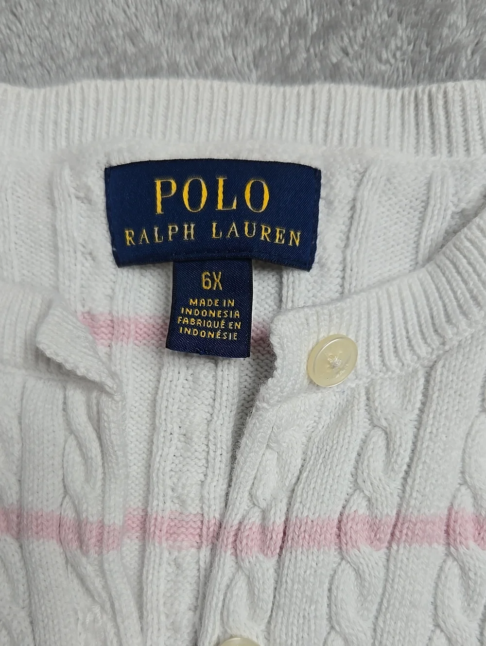 Ralph Lauren White Cable-Knit Cardigan with Light Pink Stripes